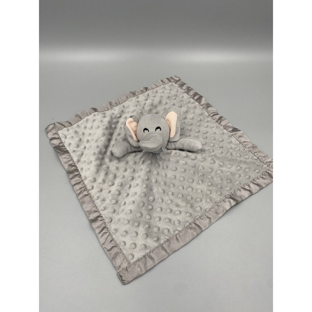 Gray Elephant Plush Lovey Baby Security Blanket Minky Dots Satin Trim & Bottom